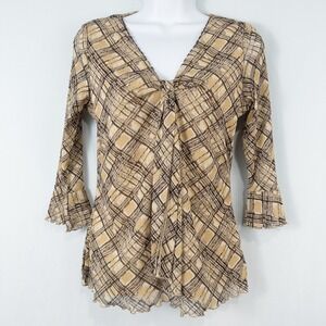 Vintage Y2K Tie V Neck Flounce Sleeve Top Petite Medium Mesh Academia Preppy